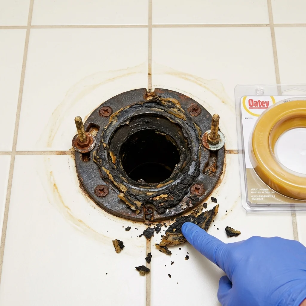 Failed wax ring showing water seepage at the base of a toilet in a Osceola, IN home
