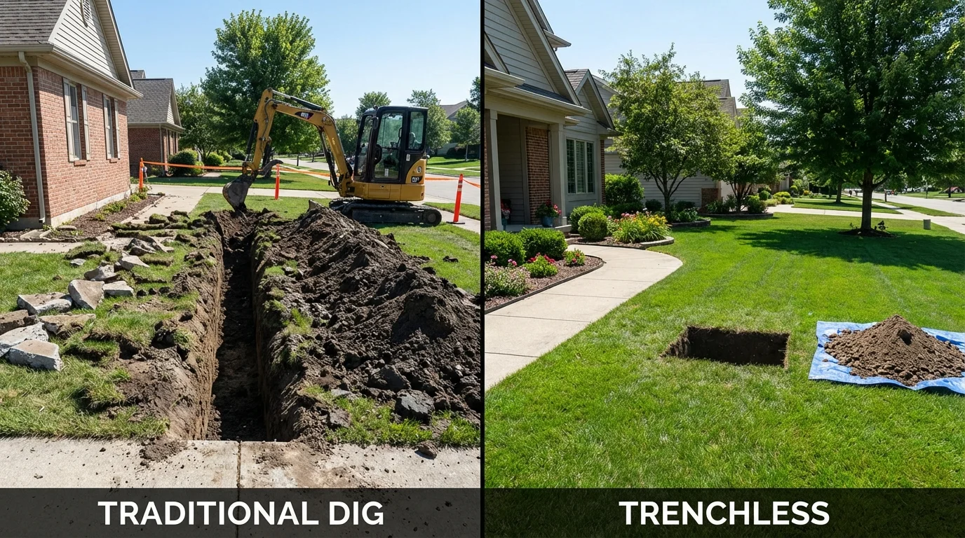 Trenchless sewer repair with minimal yard damage versus traditional excavation in Osceola, IN