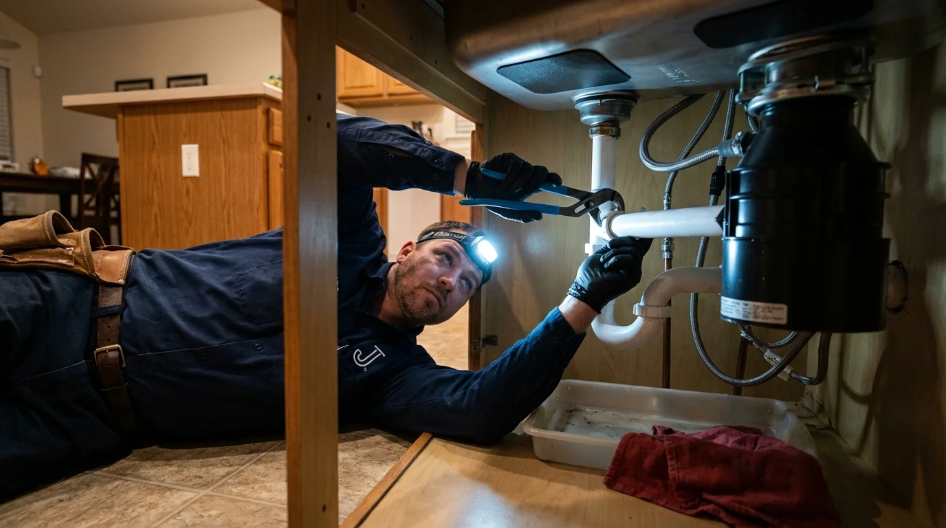 P-trap and supply line connections under a kitchen sink showing a common leak point in Osceola, IN